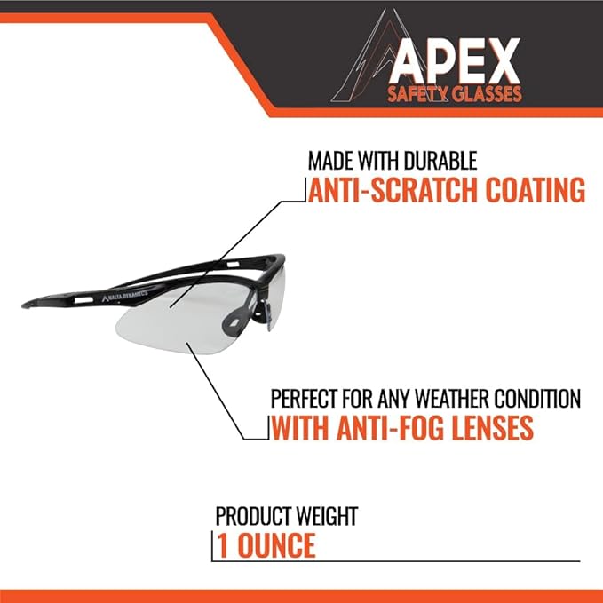 Malta Dynamics APEX Safety Glasses – Construction Safety Glasses for Men and Women with Anti Scratch and Anti Fog Protection, ISEA & ANSI Z87 Compliant (Clear, 180 Pairs)