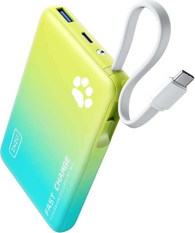 INIU PawGo Portable Charger, 45W PD 10000mAh Fast Charging Slim Power Bank, Built-in USB C Cable Battery Pack, Travel Essentials Powerbank for iPhone 16/15 Pro Max, Samsung S25/S24 etc, Tropic Punch