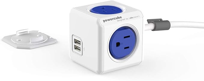 Allocacoc, PowerCube |ExtendedUSB|, 4 outlets, 2 USB Ports, 5 feet cable, Mounting dock, Surge Protection, Childproof Sockets, ETL Certified (Blue)