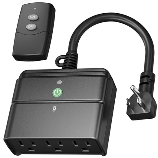 BN-LINK Outdoor Indoor Wireless Remote Control 3-Prong Outlet Weather Proof Heavy Duty 15 AMP Compact (Black) 3 Grounded Outlets with Remote 6-inch Cord 100ft Range ETL Listed