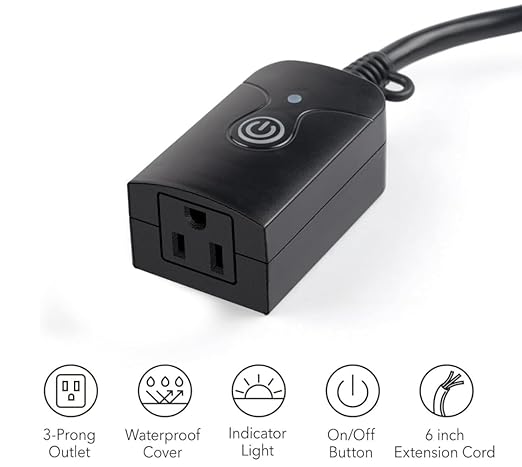 HBN Outdoor Indoor Wireless Remote Control 3-Prong Outlet Weatherproof Heavy Duty 15 A Compact 1 Remote 1 Outlet with Remote 6-inch Cord 100ft Range ETL Listed (Battery Included)