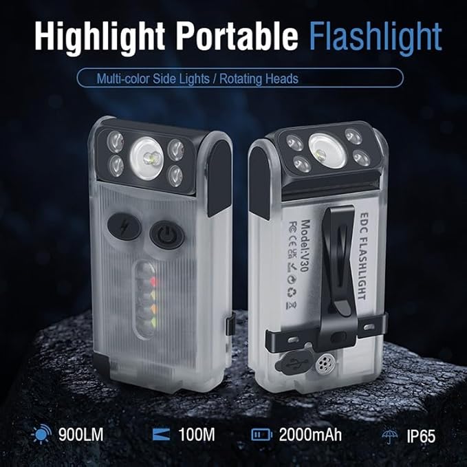 Vortex V30 EDC Flashlight Red UV Green Warm White Light Emergency Signals Fluorescent Powerful 900 Lumen Rechargeable Pocket LED Keychain Flashlight Magnetic end 180° Twistable Head 2-Direction Clip