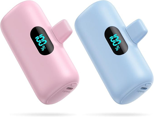 [2 Pack] Small Portable Charger for iPhone,Upgraded 5000mAh PD Fast Charging Power Bank, LCD Display Cute Mini Battery Pack Compatible with iPhone 14/14 Pro Max/13/13 Pro/12 Pro/11/XR-Pink+Light Blue