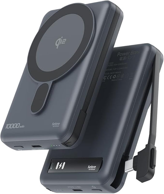 Magnetic Portable Charger 10,000mAh Qi2 Certified 15W Fast Charging Wireless Power Bank, Magsafe Battery Pack with Foldable Stand, PD20W USB C Built in Cable, for iPhone 16/15/14/13/12 Series