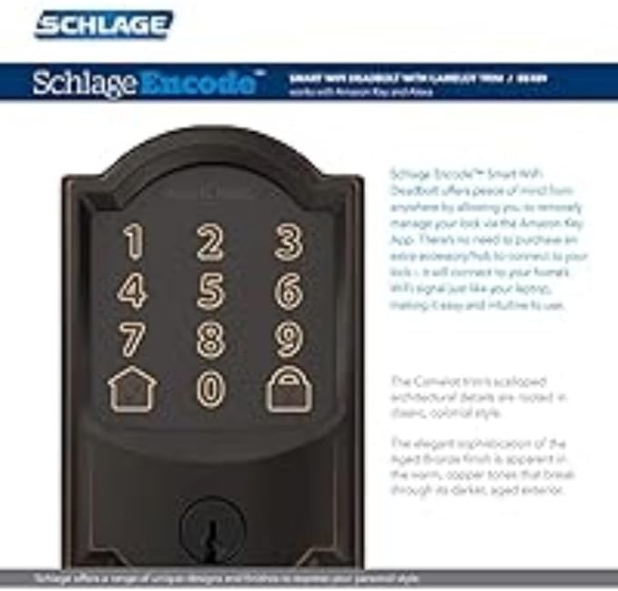 Schlage Lock Company BE489WB CAM 716 Schlage Encode Smart WiFi Deadbolt with Camelot Trim in Aged Bronze, Company Camelot Front Entry Handle Georgian Interior Knob (Aged Bronze)