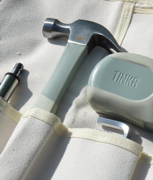 TINKR Home Essentials Tool Kit – Hammer, Ratchet Screwdriver, Tape Measure, Allen Keys & Wrench in Canvas Case. Modern Tool Set for DIY & Home Repairs