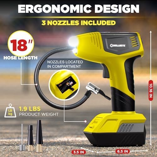 Bullseye Pro Tire Inflator Portable Air Compressor, Car Tire Inflator Portable, Portable Air Pump for Car Tires - 150PSI, 12V DC 1500 mAhs with Tire Pressure Gauge, Rechargeable As Seen On TV(Yellow)