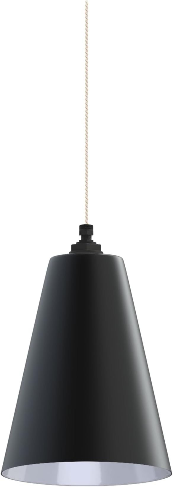 Steel Lighting Co. Laurel Pendant Light | Ceiling Mounted | 8.5 inch Cone Shade | Modern Contemporary Farmhouse Style Made in America | White Gold Cloth Cord | Matte Black Exterior/White Interior