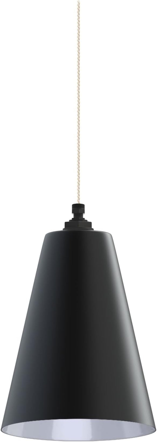Steel Lighting Co. Laurel Pendant Light | Ceiling Mounted | 8.5 inch Cone Shade | Modern Contemporary Farmhouse Style Made in America | White Gold Cloth Cord | Matte Black Exterior/White Interior