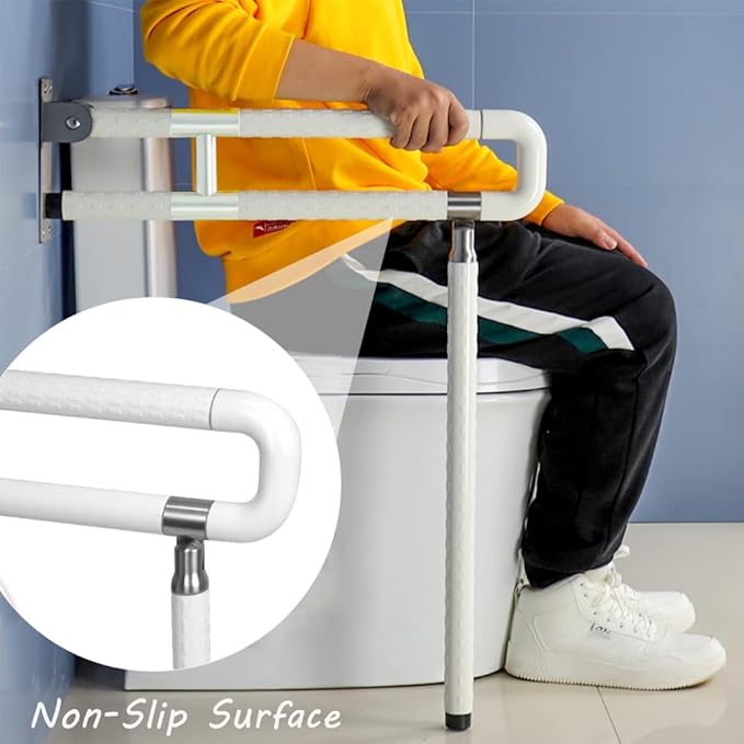 MYOYAY 24In Toilet Safety Rails Wall Mount Floor Support Foldable Toilet Grab Bar Handicap Grab Bars Rails Non-Slip Stainless Steel Flip Up Grab Bar Fluorescent Handrails for Seniors Disabled Pregnant