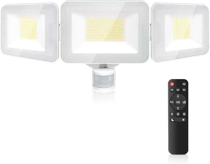 MEIKEE 100W LED Flood Lights Motion Sensor Light Outdoor, 9600lm 6500K Daylight White, IP65 Waterproof, 3 Adjustable Heads, Auto Dusk to Dawn Security Lighting for Garage, Yard, Porch, Driveway