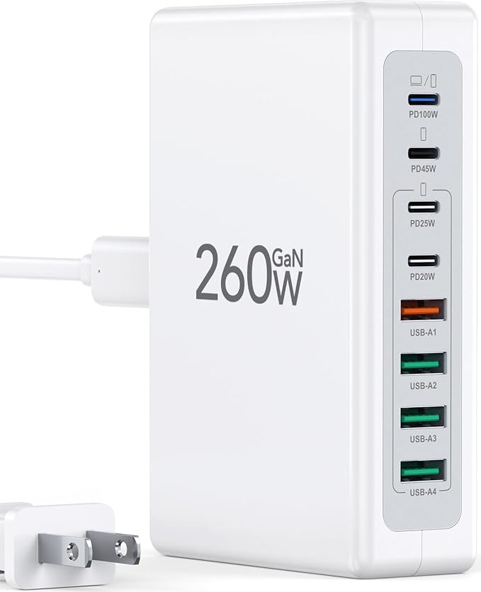2025 Latest Charging Station, 260W USB C Charger Block, GaN III 8-Port Fast Type C Charging Hub, 100W Laptop Power Adapter for MacBook Pro/Air, Dell XPS, Steam Deck, iPad Pro, iPhone 17/16, Galaxy S25