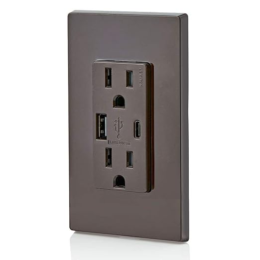 Leviton T5633-B Type A & Type-C USB in-Wall Charger with 15A Tamper-Resistant Outlet, USB Charger for Smartphones and Tablets. Not for Laptops, Brown
