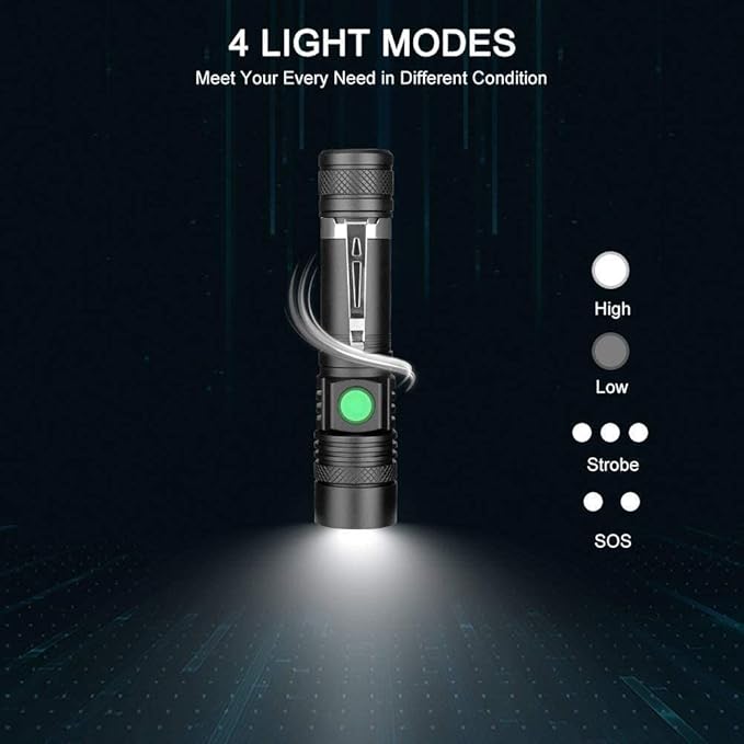 LED Tactical Flashlight Rechargeable, IPX6 Waterproof Flashlight, 2000lm, Super Bright LED, Zoomable, Pocket-Size Small LED Flashlight for Hiking, Camping, Emergency - with Carry Case
