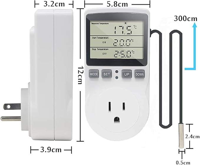 Digital Thermostat Plug Socket Temperature Controller Outlet 3m Probe 120V 15A 1800W C F Heating Cooling Control for Incubator Brewing Incubator Greenhouse Terrarium Heat Mat