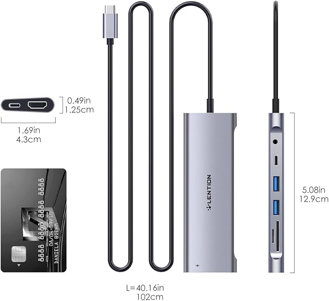 LENTION 3.3FT Long Cable USB C Hub with 4K HDMI, 2 USB 3.0, Card Reader, Aux, Type C Data/Charging Compatible 2024-2016 MacBook Pro, Mac Air/Surface, More, Stable Driver Adapter (CB-C37, Space Gray)