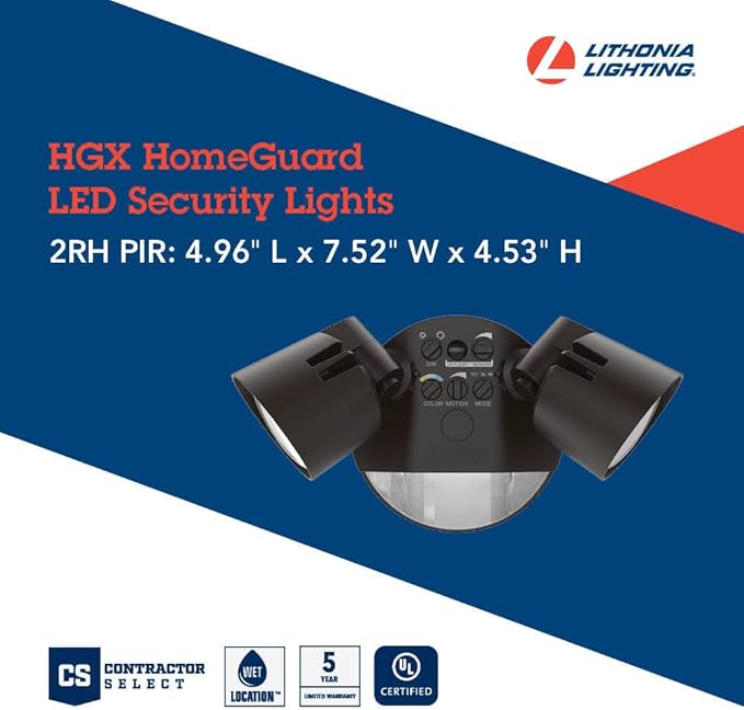 Lithonia Lighting HomeGuard 2-Light LED Outdoor Flood Lights, Motion Sensor Outdoor Lights with Dusk to Dawn, Adjustable Lumens and Color, Round Heads, Dark Bronze (HGX LED 2RH ALO SWW2 120 PIR DDB)