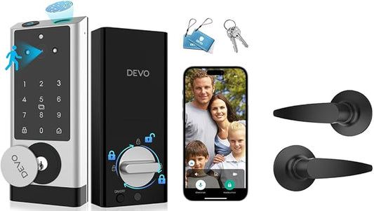 DEVO G1 Smart Lock with Handle Set, 6-in-1 Keyless Entry Door Lock, Video Smart Deadbolt with Fingerprint, Built-in Wi-Fi, App Remote, Auto Lock, IP65 Waterproof Front Door Lock, Easy Install