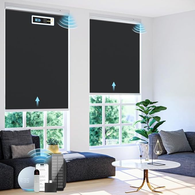 Motorized Blinds with Remote Control【Solar Panel Included】 100% Blackout Smart Roller Blinds Automatic Blinds for Windows Cordless Electric Shades Compatible with Alexa Black,34" W*72" H