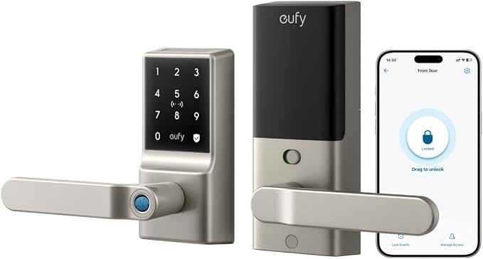 eufy Smart Lock C33, Keypad Door Lock with Handle, Fingerprint Door Knob, Keyless Entry Door Lock for Front Door and Bedrooms, Electronic Deadbolt, Wi-Fi, Remote App Control, IP53 Waterproof, Nickel