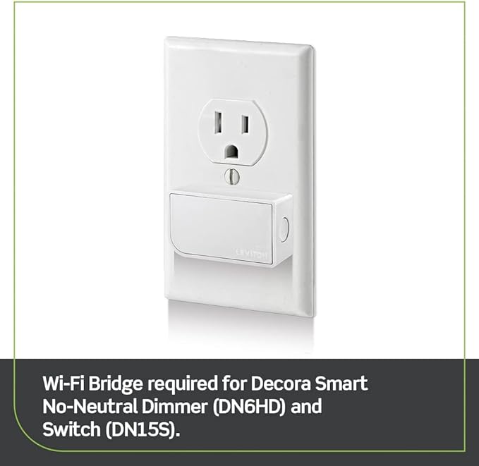 Leviton Wi-Fi Bridge for No-Neutral Decora Smart Dimmers and Switches (DN6HD and DN15S), Works with My Leviton, Alexa, Google Assistant, Apple Home/Siri & Wire-Free 3-Way, MLWSB-1RW, White
