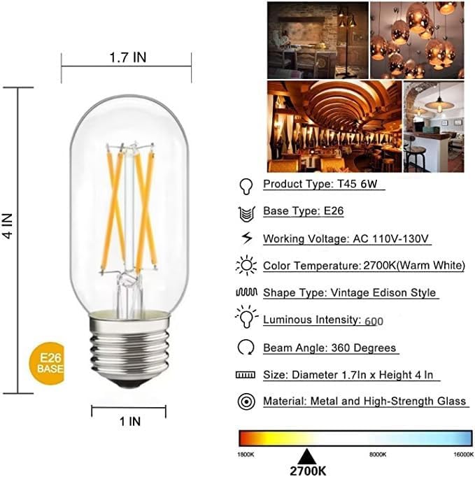Dimmable LED Tubular Bulb 6W,60W Equivalent 600 Lumens, Antique Edison Style LED Filament Light Bulbs, E26 Clear Edison Bulb Daylight 2700K Pack of 6