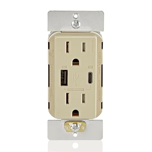 Leviton T5634-I 60W (20V@2.5A+ 5V@2A) USB Dual Type A/Type-C Power Delivery in-Wall Charger with 15A Tamper-Resistant Outlet, USB Charger for Smartphones, Tablets, Laptops, Ivory