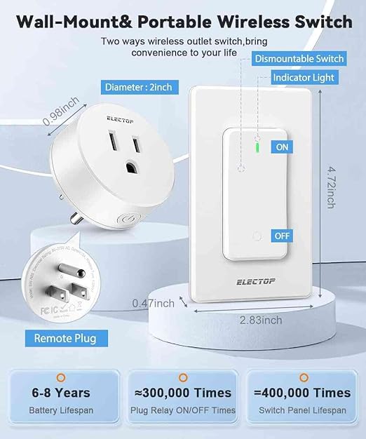 Remote Control Outlet, ELECTOP 15A/1500W Wireless Wall Mounted Power Switch, Long Range Electrical Switch Plug in On/Off for Lights, Fans, Christmas Lights, Household Appliance, Programmable