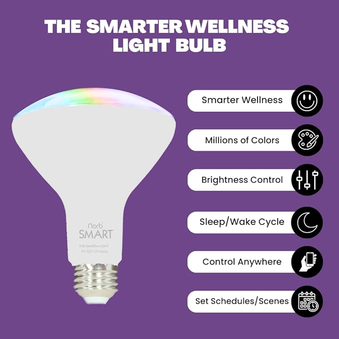 NorbSMART - Circadian Rhythm Supporting Tunable LED w/NorbSMILE, Sleep, Relief, Cozy, and Custom Colors in One Bulb. WiFi Enabled App, Alexa/Echo/Google Home, 9W, BR30, No Hub Required (2-Pack)