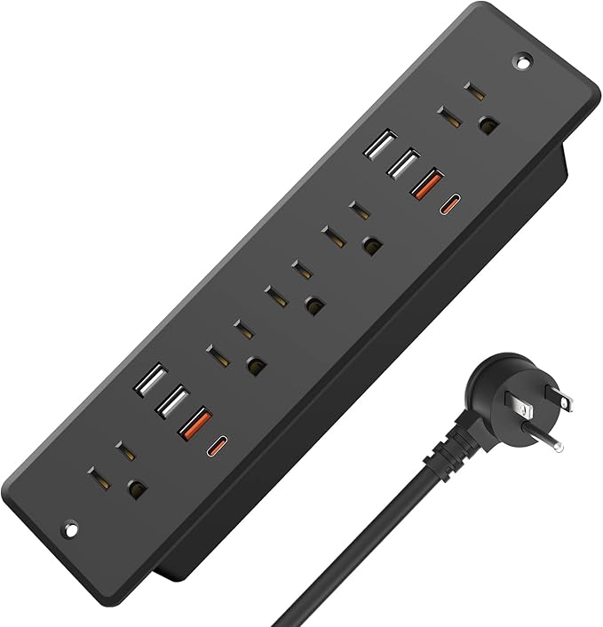 HHSOET 45W Fast Charging Recessed Power Strip Flat Plug, 13 in 1 Furniture Outlet with USB, Conference Recessed Surge Protection Socket with 5 AC Plugs, 6 USB Ports 2 USB-C, 10ft Power Cord.(Black)