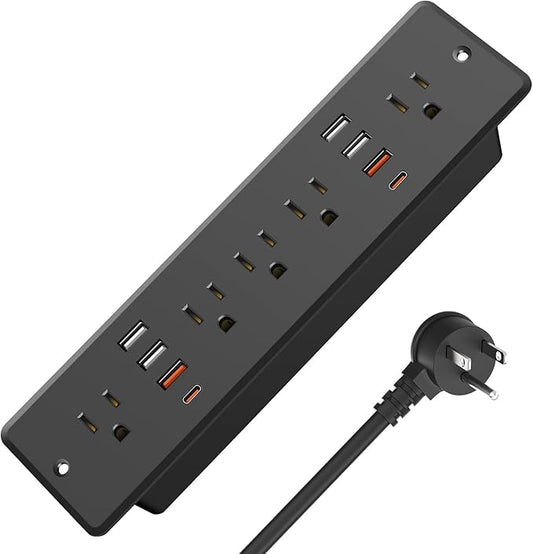 HHSOET 45W Fast Charging Recessed Power Strip Flat Plug, 13 in 1 Furniture Outlet with USB, Conference Recessed Surge Protection Socket with 5 AC Plugs, 6 USB Ports 2 USB-C, 6ft Power Cord.(Black)