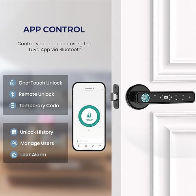 Smart Door Knob & Handle-Fingerprint Door Lock- Keyless Entry Door Lock with Key & Keypad, Bluetooth App Control, Touchpad Control, Privacy & Passage Modes for Home, Bedroom, Office, Apartment