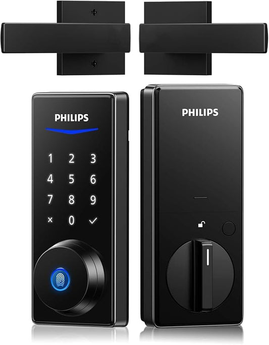 Philips Front Door Lock Set, Electronic Fingerprint Lock with 2 Lever Handles, Keyless Entry Door Lock with Handles, Auto Locking, Fingerprint Unlock, Touchscreen Keypad with Key