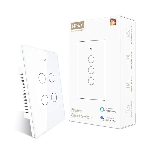 MOES ZigBee Smart Touch Wall Light Switch,Requires Tuya ZigBee Hub,No Neutral Wire/N+L Wiring,No Capacitor,Smart Life Tuya 2/3 Way Remote Control, Work with Alexa Google Home, 2MQTT,4 Gang White