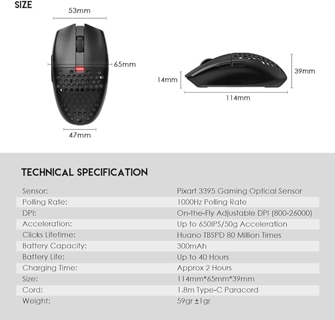 FANTECH ARIA XD7 Wireless Gaming Mouse Pixart 3395 Gaming Sensor 26000 DPI, HUANO Switches, Super Lightweight 59 Grams and Ambidextrous Egg Shape, 3 Mode Connectivity, Black