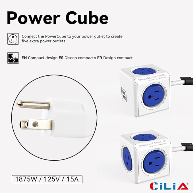 CILIA PowerCube Surge Protector Power Strip, 4 Outlets 2 USB Ports, 5Ft Extension Cord with Childproof Sockets, Compact for Travel, Home, Office, Dorm, Space-Saving Tangle-Free Design (4300USB Cube)