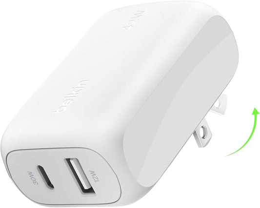 Belkin 42W Dual Port Charger Block, USB-C + USB-A Charger Super Fast Charging - Samsung Galaxy S25, Apple iPhone 16, 15, 14, 13, Pro, Pro Max, iPad, AirPods, Nintendo Switch 2 & More - White
