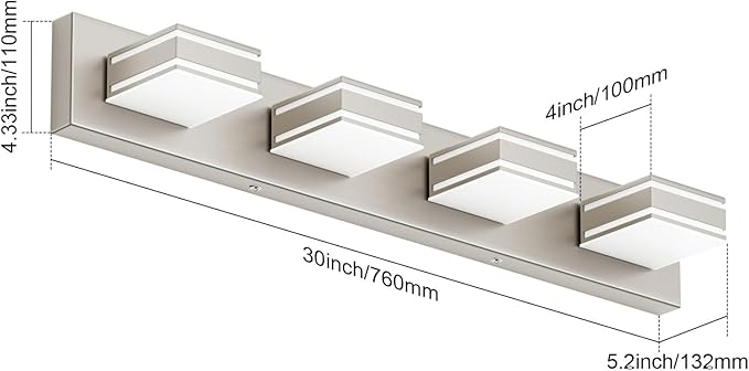 Ralbay 30inch Brushed Nickel Vanity Light for Bathroom 4-Light Metal Acrylic Modern LED Bathroom Light Fixtures