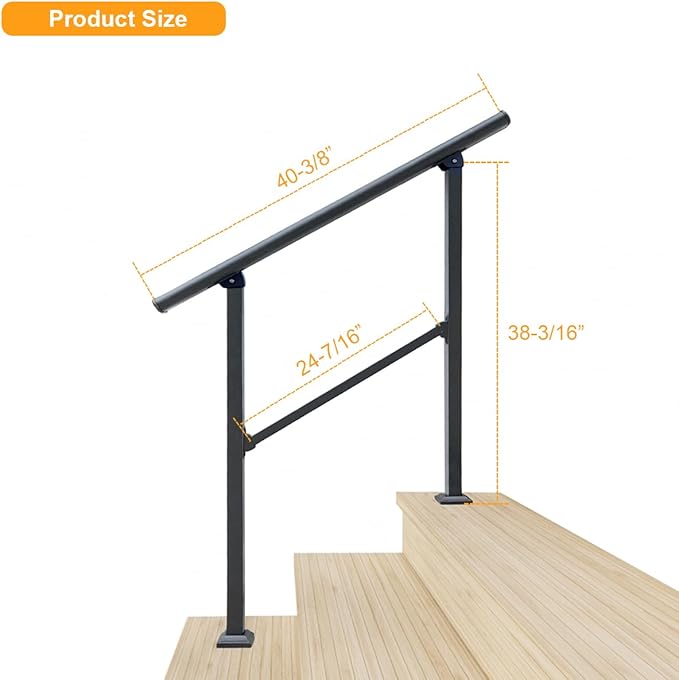 DIYHD 3 Step Handrail for Outdoor,Powder Coated Iron Stair Railing,Black Hand Rails for Indoor, Porch,Deck,1 Pack