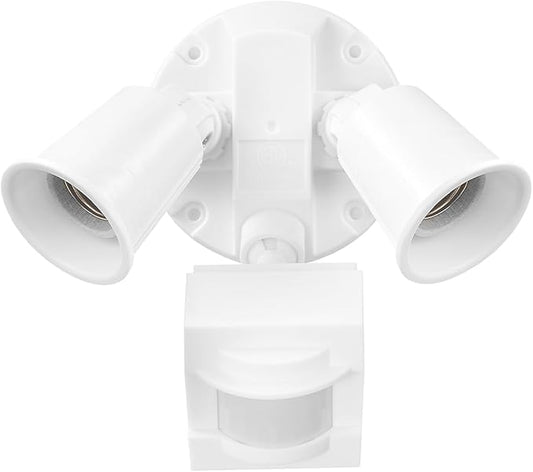 Globe Electric 17000269 110-Degree 240 W Twin Head White Hardwired Motion Sensor Security Flood Light, Spotlight, Outdoor, Outside House Lights
