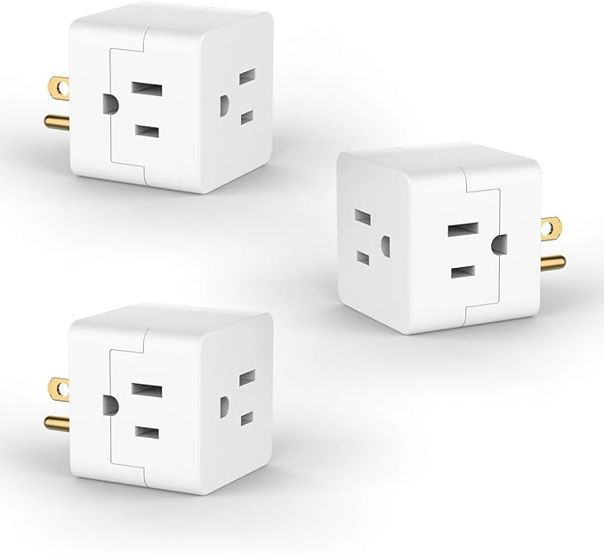 POWERCORDS 3 Power Blocks Outlet Splitter, 3 Pack, Grounded Wall Tap, 3-Prong Plug Adapter AC Multi Plug Wall Outlet, Power Splitter, Cruise Essentials, for Home Office School Dorm, UL Listed, White