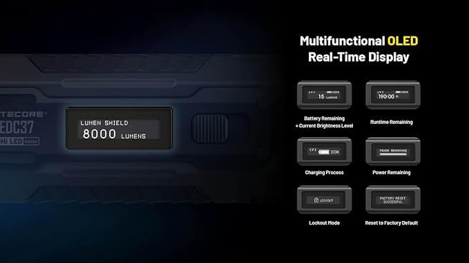 Nitecore EDC37 8000 Lumens Flat Shape Flashlight, USB-C Fast Charging with Digital OLED Display and Safety Lock Sticker