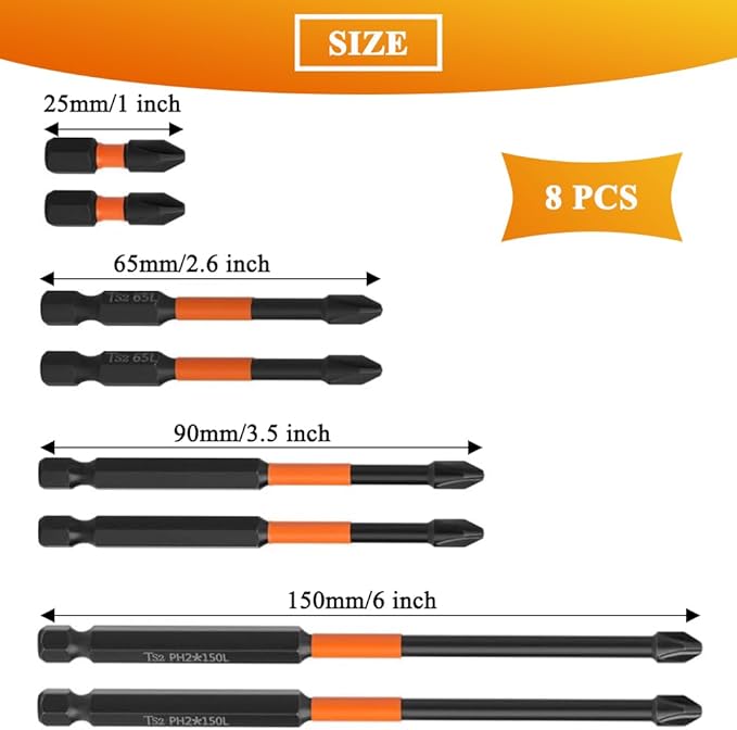 8Pcs Magnetic Phillips Screwdriver Bits with 1/4 Inch Hex Shank 2 Sets Cross Anti-Slip Screw Driver Bit PH2 Impact Driver Bit 25/65/90/150mm