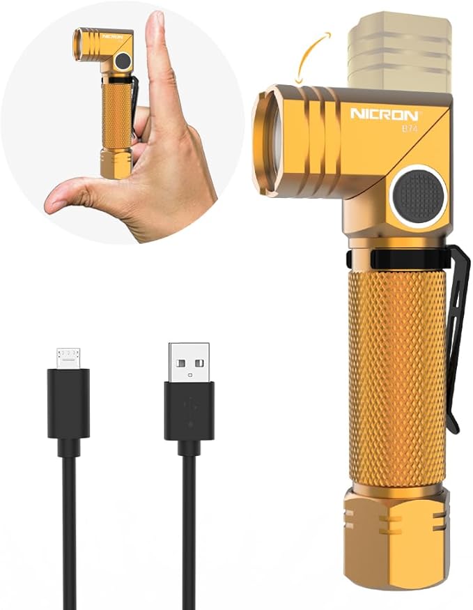 NICRON Flashlight, 700 Lumens 90 Degree Pocket Flashlight Rechargeable IP65 Waterproof 7 Modes for Camping, Outdoor, Hiking, Car Repairing, Gold