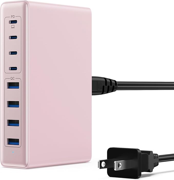 200W USB C Charger Block,8-Ports GaN III Fast Charging Station Hub,PD 65W Laptop Chargers Wall Charger Power Adapter for MacBook Pro/Air,DELL,Steam Desk,iPhone 16/15,iPad,Galaxy S25,Pixel-Pink