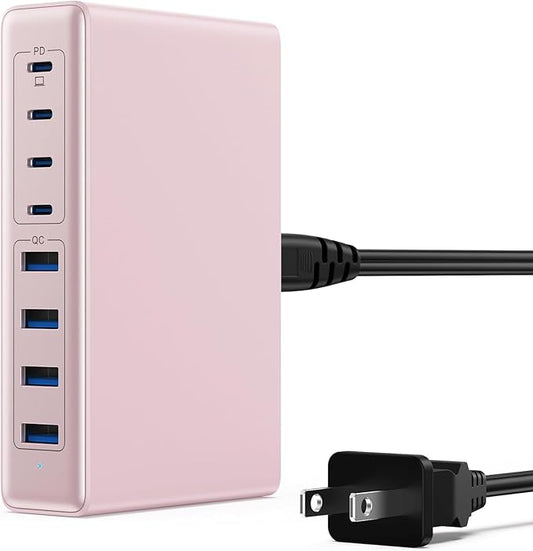 200W USB C Charger Block,8-Ports GaN III Fast Charging Station Hub,PD 65W Laptop Chargers Wall Charger Power Adapter for MacBook Pro/Air,DELL,Steam Desk,iPhone 16/15,iPad,Galaxy S25,Pixel-Pink