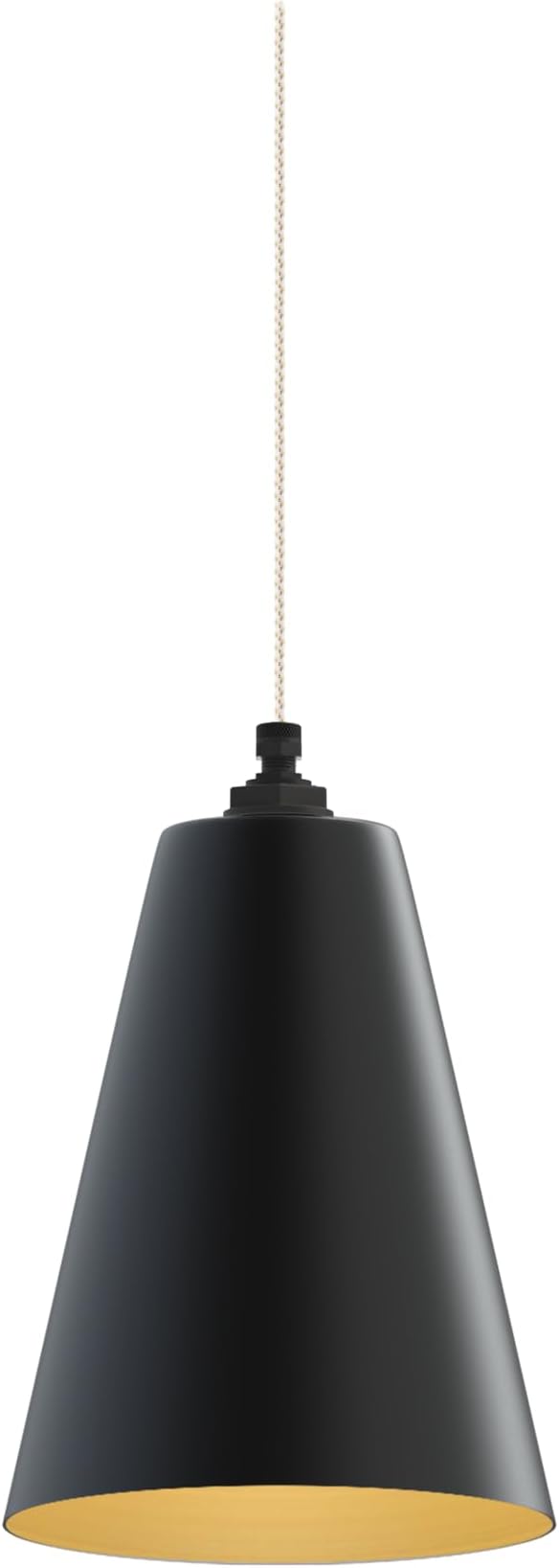 Steel Lighting Co. Laurel Pendant Light | Ceiling Mounted | 8.5 inch Cone Shade | Modern Contemporary Farmhouse Style Made in America | White Gold Cloth Cord | Matte Black Exterior/Brass Interior