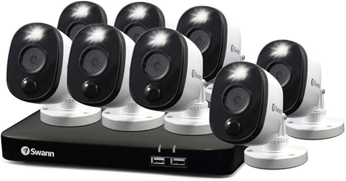 Swann Home/Business Wired DVR, 1080p Full HD Security Camera System, 8 Channels, 8 Cameras Indoor/Outdoor, 1TB HDD Storage, Color Night Vision, Sensor Spotlights, 24/7 Recording