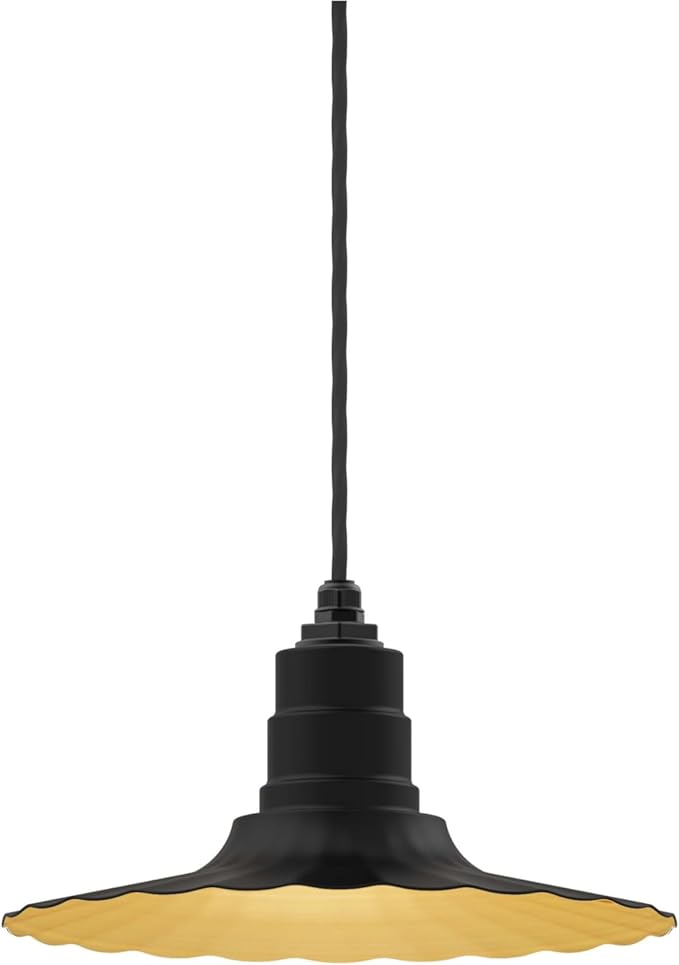 Steel Lighting Co. Eagle Rock Pendant | Ceiling Mounted Light | 16 inch Radial Wave | Black Cord | Heavy Duty Steel Retro Farmhouse Style Made in America | Matte Black Exterior/Brass Interior