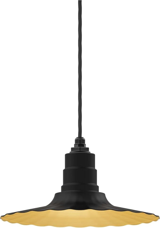 Steel Lighting Co. Eagle Rock Pendant | Ceiling Mounted Light | 16 inch Radial Wave | Black Cord | Heavy Duty Steel Retro Farmhouse Style Made in America | Matte Black Exterior/Brass Interior